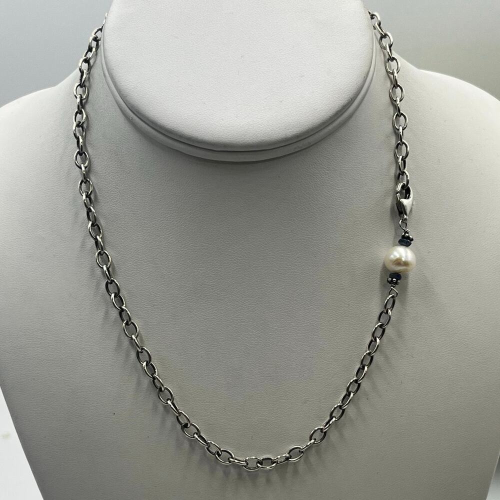 Sterling Silver Link 8mm White Pearl Sapphire Beads Chain Necklace 17"
12.4g